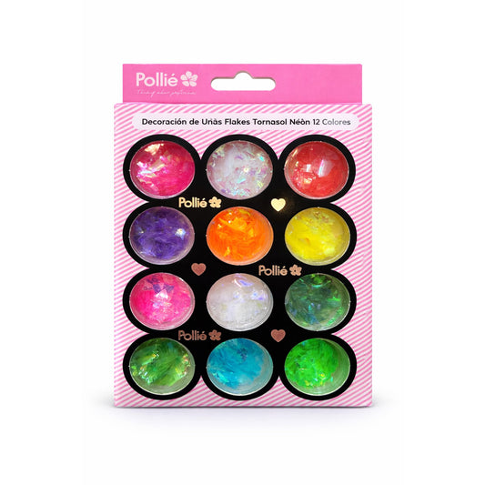 Decoración de Uñas Flakes Tornasol Neón 12 Colores Pollié