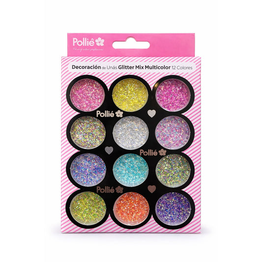 Decoración de Uñas Glitter Mix Multicolor 12 Colores Pollié